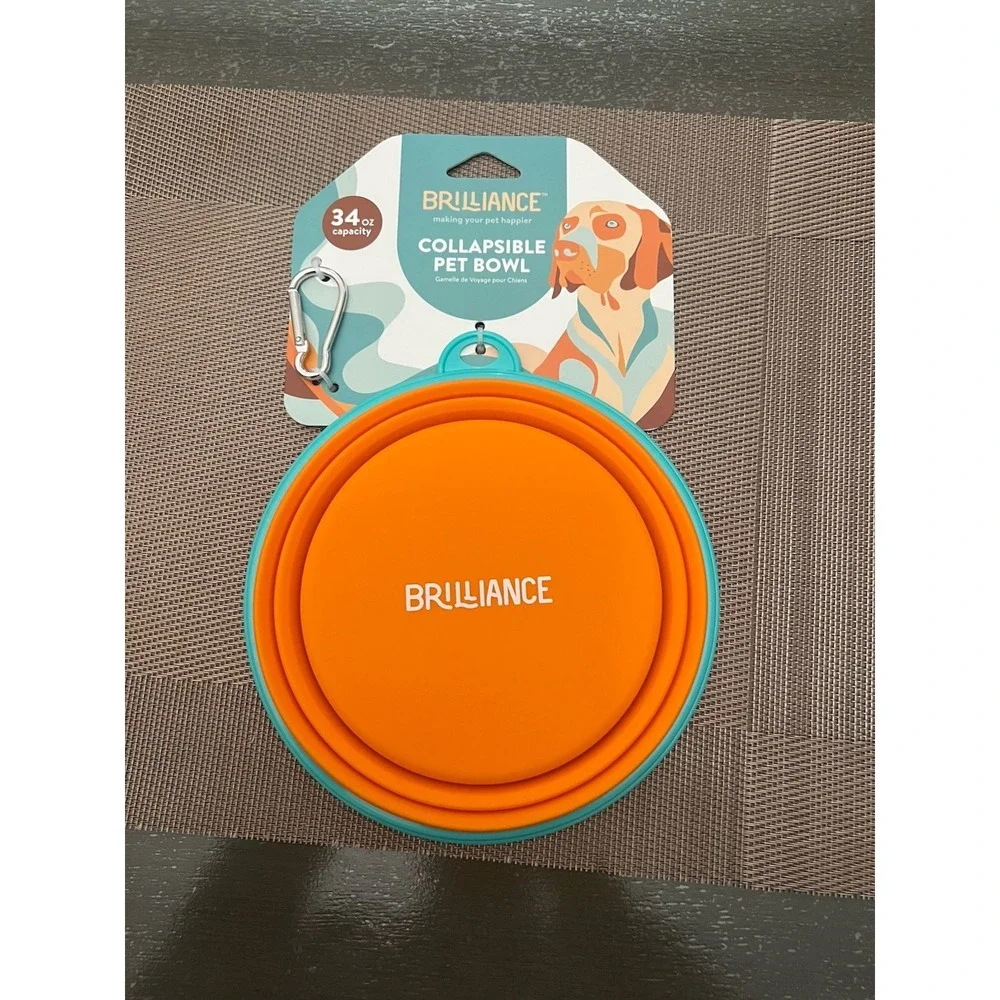 Brilliance Collapsible Pet Bowl 34oz Orange Teal Silicone Travel Dog Food Water